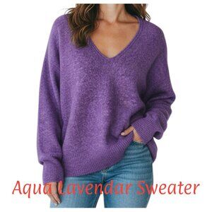 Aqua Lavender Mélange V-Neck Sweater M Soft Knit Relaxed Winter Layering